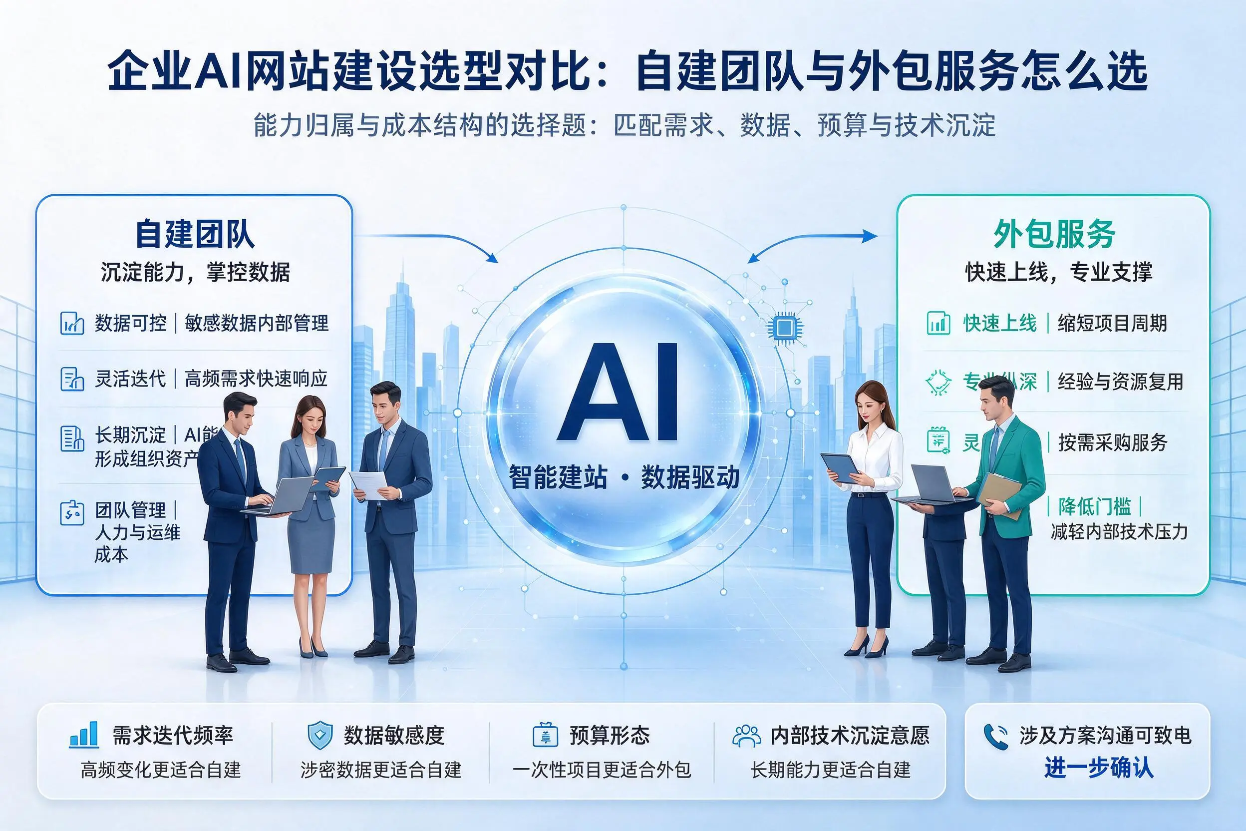 伊春企业AI网站建设选型对比：自建团队与外包服务怎么选